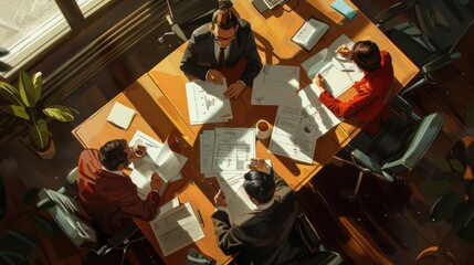 Wall Mural - Top down view of skilled business people working while sitting at meeting table with financial document scattering around. Professional business team planning and brainstorming marketing plan. AIG53F.