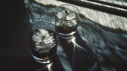 Wall Mural - Two glasses of ice water sit on table