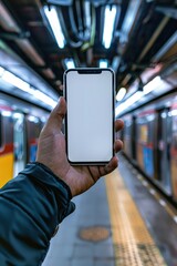 Wall Mural - Man holding phone in subway station