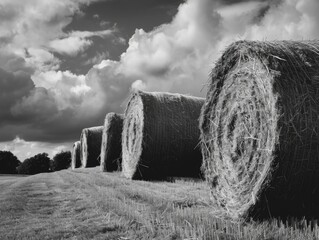 Canvas Print - Field of hay bales with cloudy sky in background