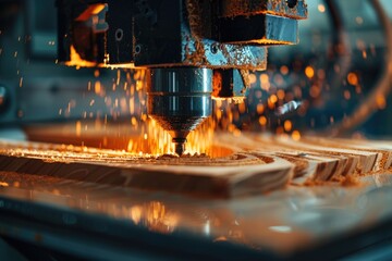 Canvas Print - Wood carving machine is in use, with piece of wood being cut into shape