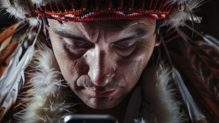 Wall Mural - Man wearing red and white headdress is looking at cell phone