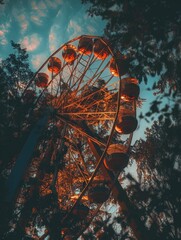 Canvas Print - Ferris wheel with orange lights is in background