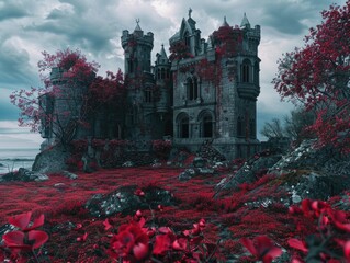 Wall Mural - Castle with red roof and red flower garden in front of it