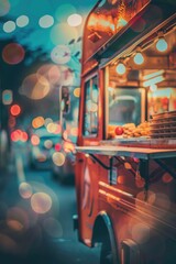 Wall Mural - red food truck is parked on busy street with lots of traffic