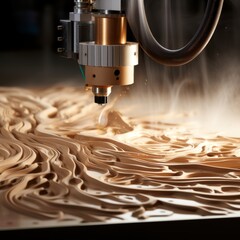 Poster - precision cnc router carving detailed design on wood with intricate lines and textures