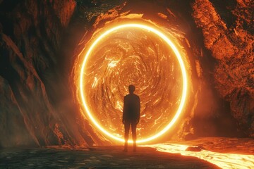 Wall Mural - person stands in front of large orange hole in ground