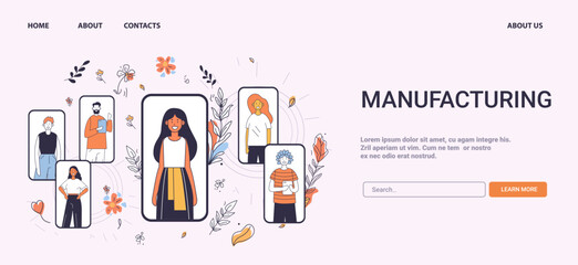 Poster - Manufacturing industry professionals website design diverse people floral elements minimalistic thin line