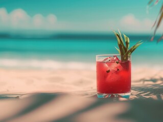 Wall Mural - Glass of red drink with green leaf on top is sitting on sandy beach