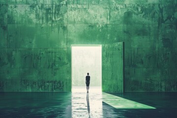 Wall Mural - Woman stands in front of large open door in green room