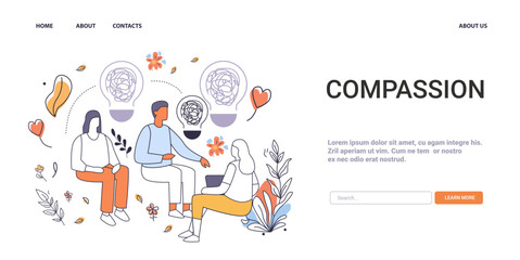 Poster - Compassion Mental Health Concept group discussion abstract people plants light bulbs website design