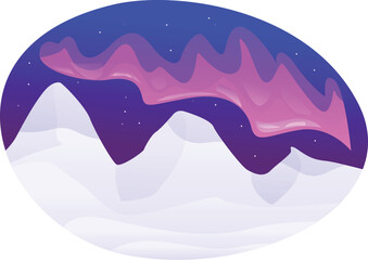 Poster - illustration featuring a night sky with shining stars and bright pink aurora borealis over the snowy