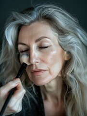 Poster - Woman is applying makeup with brush