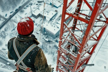 Wall Mural - Man in red hat is standing on tall structure