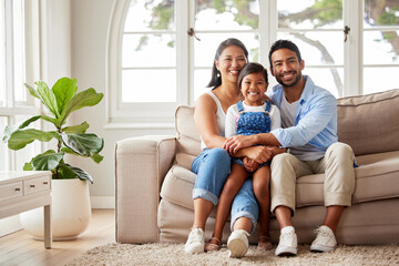 Poster - Family, couch and relax in home living room for hug, support and unity with parents in lounge. Love, together and sofa for portrait with mom and dad, bonding and smile and weekend holiday in Florida