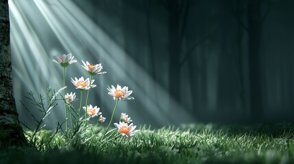 Wall Mural - A peaceful forest clearing with sun rays illuminating the vibrant flowers below capturing the tranquility of a natural environment Illustration, Image, , Minimalism,