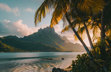 Wall Mural - Sunset landscape with palm trees and tropical plants and ocean and mountain views