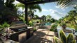 © UMAR SALAM - A high-end outdoor kitchen with a barbecue grill, a dining area, and a view of a beautifully landscaped garden and pool.