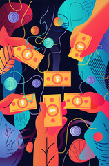 Poster - Hands holding money digital currency concept. Vibrant colorful hands holding dollar bills with digital currency symbols floating on a dark background