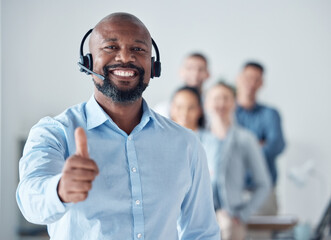 Poster - Thumbs up, customer support and portrait of man at call center for b2b connection, contact us and consulting. Telemarketing, crm business and happy agent for hotline service, IT agency and help