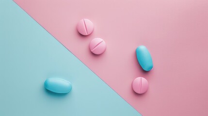 Poster - Pink and blue pills on two toned background Minimalist medication layout with space for text