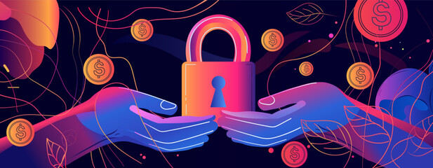 Poster - Hands holding padlock digital security concept vibrant colors abstract background coins leaves