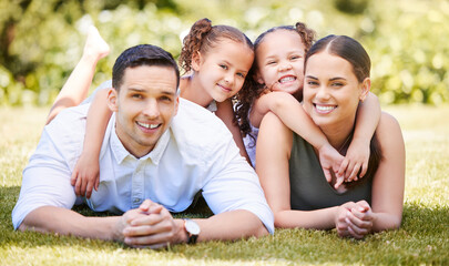 Poster - Parents, portrait and children with piggyback in park for weekend adventure, love and vacation together. Family, man and woman with kids in nature for outdoor holiday, break and summer in Costa Rica