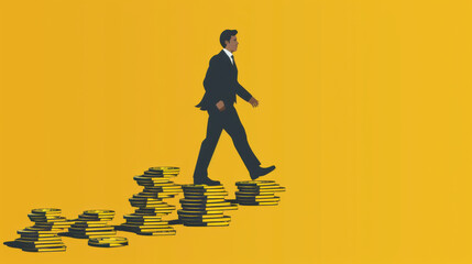 Wall Mural - Illustration of a businessman walking confidently on stacks of coins, symbolizing financial success and growth.