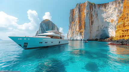 Yacht sails on sea near rocks. Elite sea vessel in ocean. Large yacht in nautical tropical waters. Premium holiday