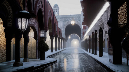 a long hallway with a clock tower in the background