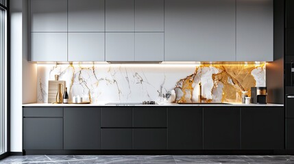 Wall Mural - A modern kitchen with a seamless blend of matte black and white cabinetry, elegant golden fixtures, and a marble backsplash, highlighted by under-cabinet LED lighting.