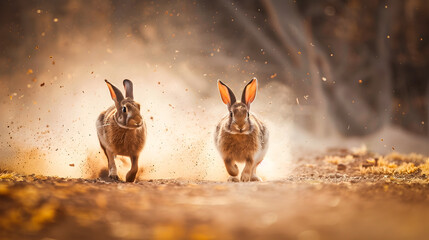 Wall Mural - two rabbits swiftly running across a dirt road kicking up a cloud of dust and smoke in their wake se