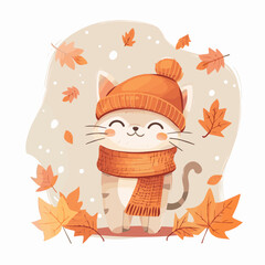 Wall Mural - Cute Cartoon Fall Cat with Autumn Leaves