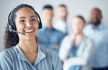 Poster - Smile, customer support and portrait of woman at call center for b2b connection, contact us and consulting. Telemarketing, crm business and happy employee for hotline service, IT agency and tech help
