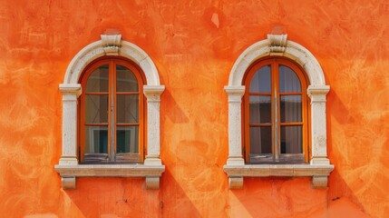 Two arched windows from Italy against orange wall with space for text