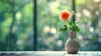 Poster - Vase with rose on tabletop with nature background