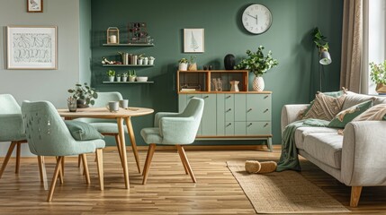 Wall Mural - A Scandinavian-inspired living room showcasing mint color chairs at a round wooden dining table, a plush sofa, and a chic cabinet by a green accent wall, 