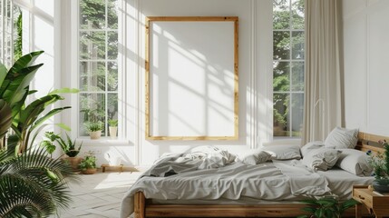 Wall Mural - A serene bedroom featuring a 3D mockup of a canvas frame, a wooden bed frame, soft linens, and large windows with plenty of natural light.