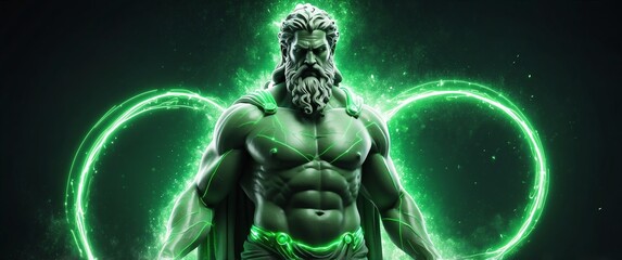 Wall Mural - greek god zeus with green light trail effect futuristic particles background design backdrop