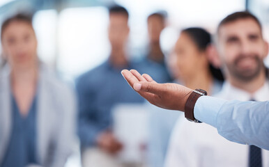 Poster - Hand, person and presentation for group of business people with choice, information or training in office. Palm, speaker and tradeshow with audience, brainstorming or discussion at corporate workshop