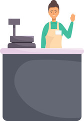 Poster - Young cashier is waving while standing behind a cash desk at the checkout counter