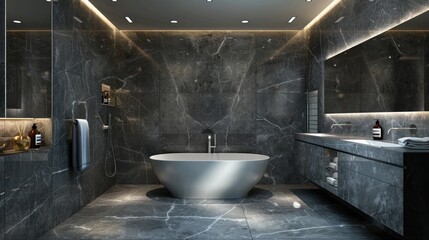 Wall Mural - A sophisticated grey marble bathroom with soft LED lighting around the ceiling, a double vanity with modern cabinetry, and a freestanding tub placed centrally.