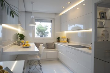 Minimalist white kitchen with cozy breakfast nook, sleek surfaces, and bright lighting