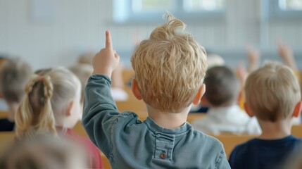 Wall Mural - A boy in a classroom pointing at something