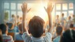 © top images - A boy is holding his hands up in the air in front of a crowd of people
