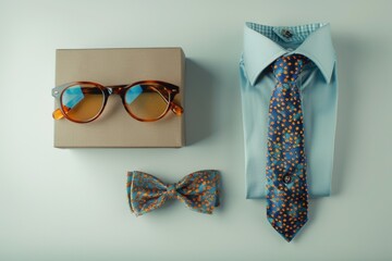 Wall Mural - Polished arrangement of a gift box, necktie, and eyewear, suitable for Father's Day promotional materials