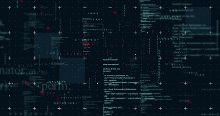 Poster - Image of binary and text data processing over grid on black background