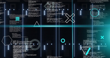 Poster - Image of rotating shapes and blue scanner beams over data processing on black background