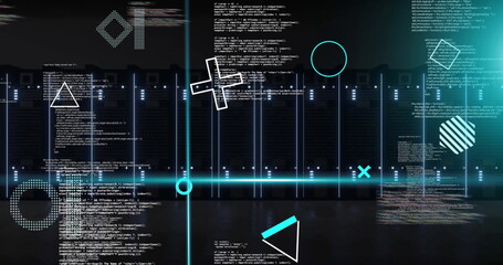 Poster - Image of rotating shapes and blue scanner beams over data processing on black background