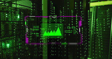 Poster - Image of chart on interface screen and binary data processing over dark computer servers